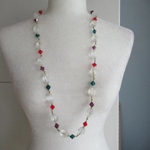 Vintage Long Acrylic Christmas Necklace with clear & multicolor beads 32" L